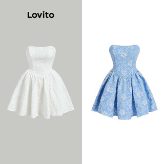Đầm Lovito vải kết cấu xếp nếp màu trơn dự tiệc thường ngày cho nữ L70AD095 (Màu trắng/ xanh lam)