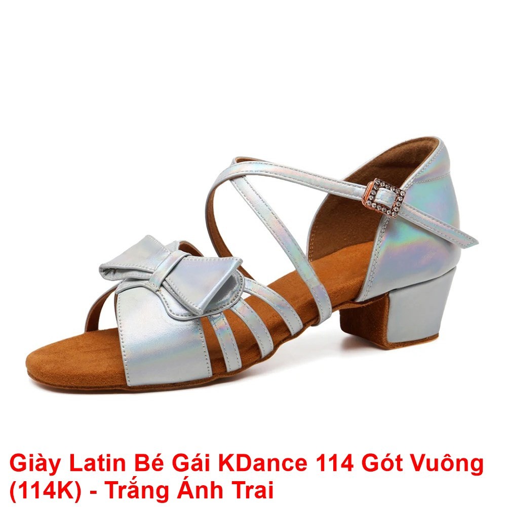 Giày Latin Bé Gái Khiêu Vũ Dancesport KDance 114 Gót Vuông (114K) - Trắng Ánh Trai (Tặng Túi Đựng Gi