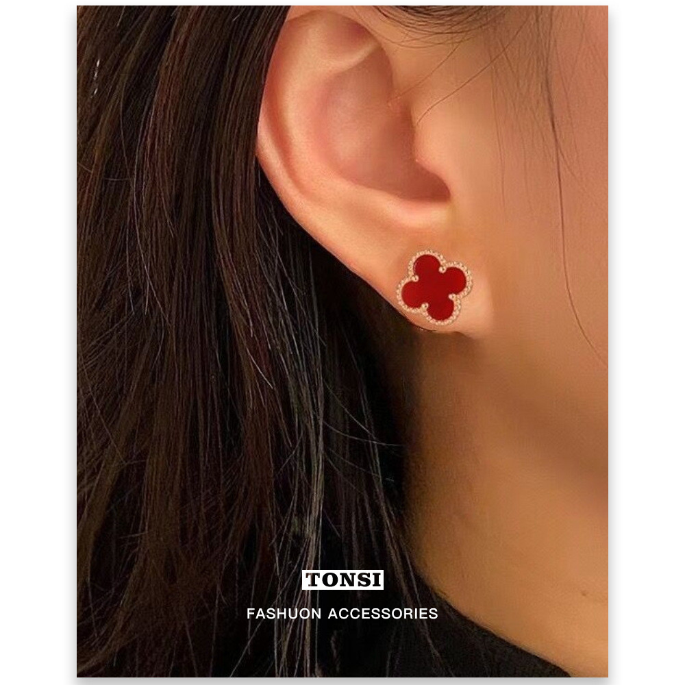 Bông tai hoa nhỏ dát vàng tinh tế phong cách sang trọng thời trang nữ Đơn giản Đỏ đen trắng Xanh lá cây Bông tai cỏ ba lá 13MM [Không phai có thể ra mắt]