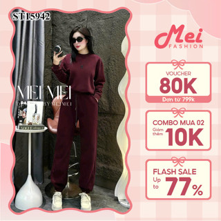 Set đồ nữ thu đông áo sweater trơn basic phối quần dài bo chun màu đỏ đô cực tôn da Mei Fashion ST15942