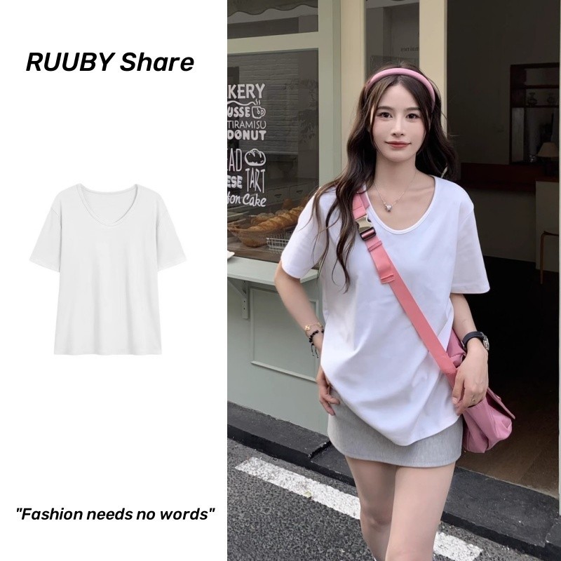 RUUBY Ao cổ v Ao thun phông form rộng Ao thun trắng cho phụ nữ mùa hè phong cách Hàn Quốc mới rộng r