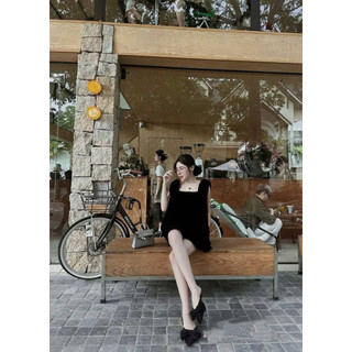  Váy Đầm Nhung 2 Dây Nơ Vai cổ U Dáng Ngắn Điệu Váy Nhung Thiết Kế Dáng Babydoll Sang Chảnh 