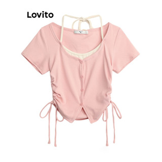 (Trendy) Lovito Áo thun thông thường Áo thun trơn giả 2 trong 1 dây rút vải khâu cho nữ LNE43506