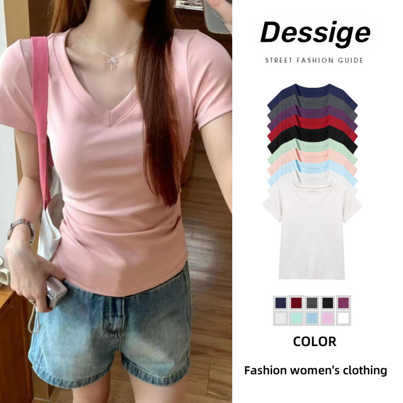 Dessige Áo baby tee Thun ôm body Áo y2k 100% cotton Áo thun ngắn tay cổ chữ V màu hồng thời trang mù