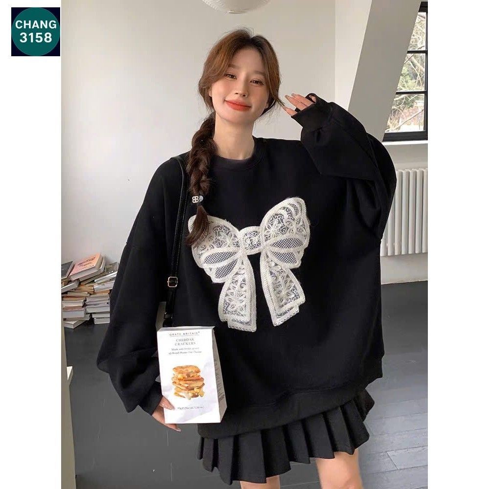 Áo nỉ mùa đông sweater cổ tròn dài tay tay DÀI với họa tiết nơ trắng SWT-CHANG 3158