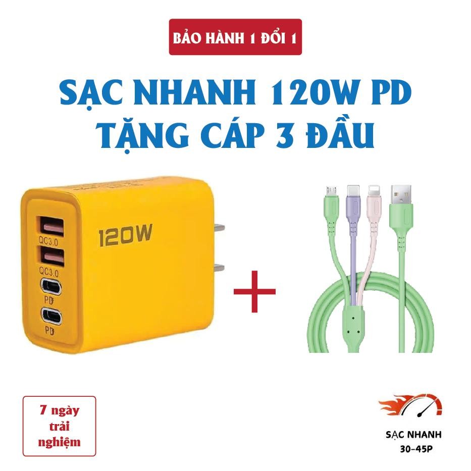 Cốc sạc nhanh 4 cổng, 120W: 2 cổng Type C và 2 cổng USB – Tặng cáp sạc nhanh 3 đầu – Củ sạc nhanh 12