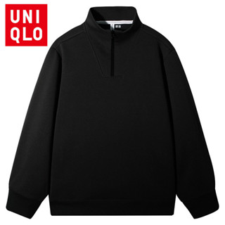  Uniqlo Đơn Giản Màu Trơn Cổ Điển Áo Dài Tay Đứng Cổ Nửa Dây Kéo Áo Thả Vai slim Nam Cổ Áo polo 