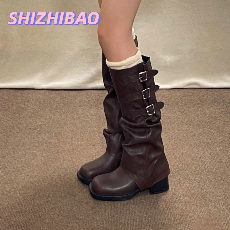 Shizhibao Giày bốt dài mùa thu đông cổ điển thời trang bốt ngắn hợp thời trang nhỏ đế dày bốt cao