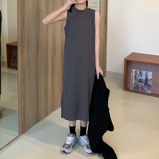 Đầm màu trơn Đầm thời trang không tay cổ đứng kiểu Pháp cho nữ