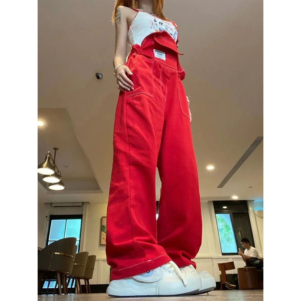 Quần yếm bò denim màu đỏ cổ điển kiểu Mỹ Jiashucheng quần ống rộng ống đứng rộng cạp cao mẫu Mới Mùa Hè