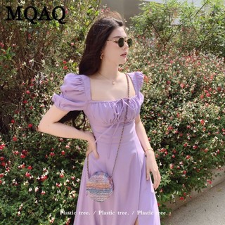 Mqaq Pháp Hepburn phong cách nghệ thuật cảm giác Mori Váy dài Pháp màu tím tuyệt đẹp gợi cảm cổ vuông váy hoa nữ mùa hè