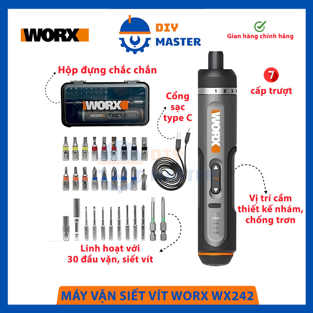 MÁY VẶN SIẾT VÍT WORX WX242 - MÁY VẶN VÍT CẦM TAY - MÁY VẶN VÍT DÙNG PIN - MÁY VẶN VÍT NHIỀU ĐẦU VẶN