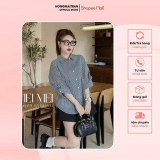 Set đồ bộ nữ áo sơ mi kẻ sọc dài tay kèm quần short thời trang hong mai tran st14911