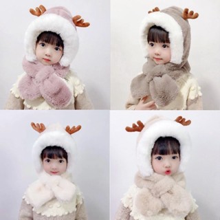  Mũ Len Kèm Khăn sừng nai Cho Bé Mũ lông trùm đầu liền khăn cổ giữ ấm cho bé 