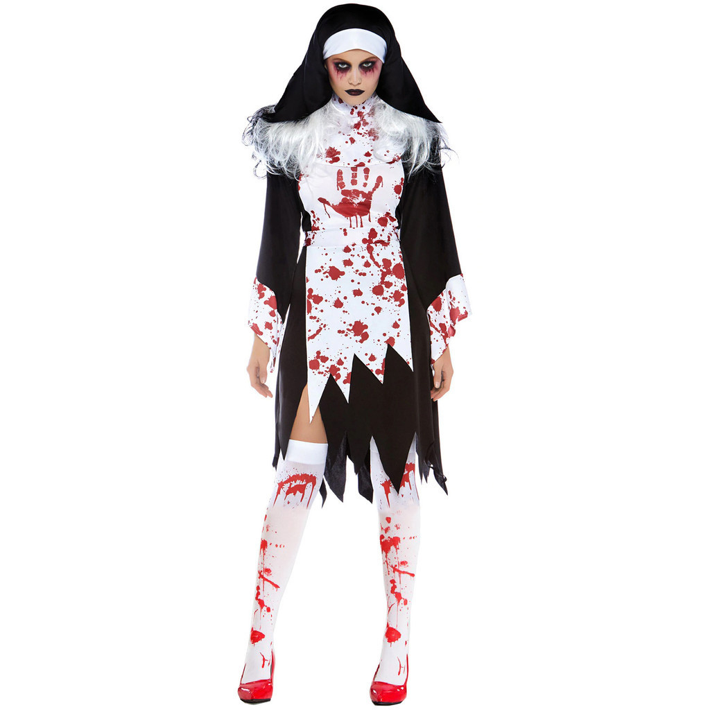 S-XL Ma Cà Rồng Zombie Vết Máu Nữ Tu Trang Phục Halloween Cosplay Nhỏ Giọt Zombie Nun Trang Phục