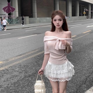 XIYUYI Áo Thun Nữ Nơ Một Vai Tay Ngắn Rỗng Đan Pháp Slim Off- Vai Top