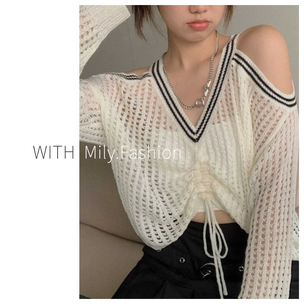 Milyfashion Hollow Off-the-Shoulder Off-the-Shoulder Kem chống nắng dài tay dệt kim