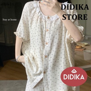DIDIKA Quần Short Tay Ngắn Bộ Đồ Ngủ Ve Áo Đơn Giản Loungewear Dành Cho Nữ