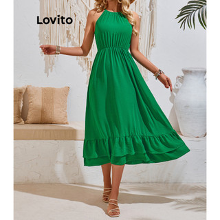 Đầm Lovito viền xếp nếp màu trơn phong cách thanh lịch cho nữ LNL50171