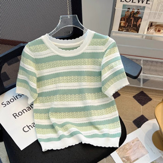 Nhỏ Tươi Nhiều Màu Sắc Sọc Áo Len Nữ Mùa Hè Vai Trước Áo Thun Tay Ngắn Rời Bên Trong