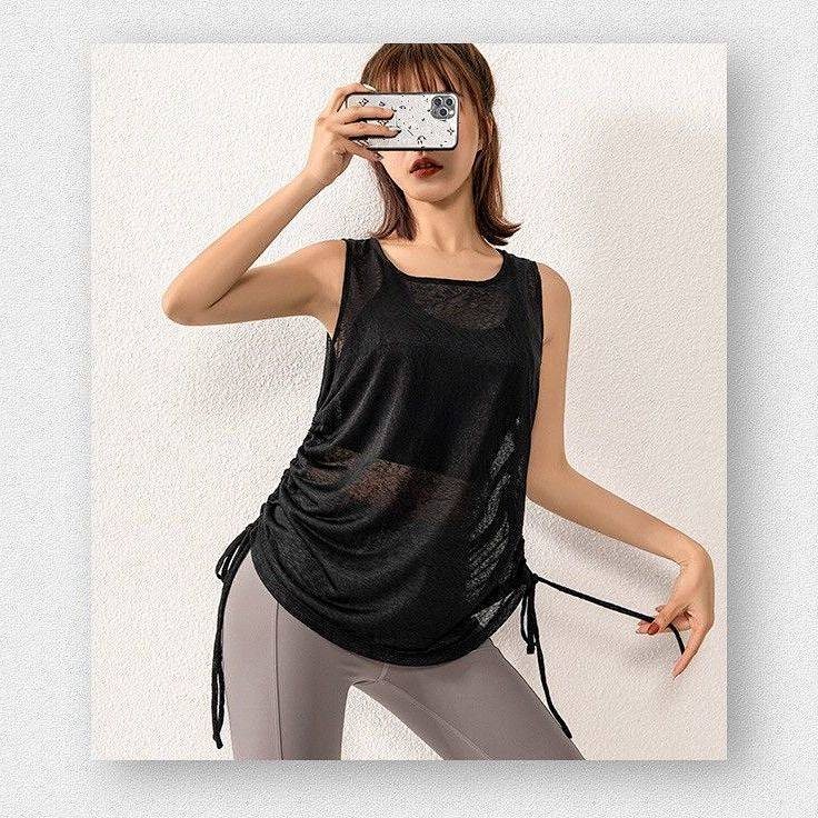 Drawstring Yoga Clothes Blouse Women's Summer Thin Workout Clothes Quick-Drying Breathable Sleeveles
