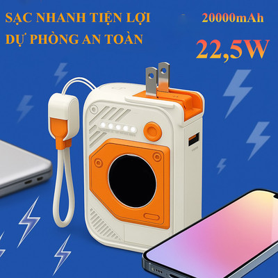 Bộ sạc nhanh combo dây sạc PD22,5W 20000mah tự mang dây Type C đèn led báo hiệu nhỏ gọn tiện