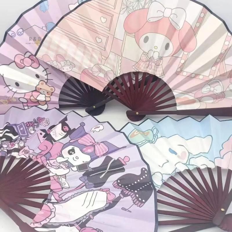 RO > 1 Cái Sanrio Kuromi Gấp Quạt Vải Lụa Trang Trí Nhà Tay Cầm Tre Quạt Tay Mới