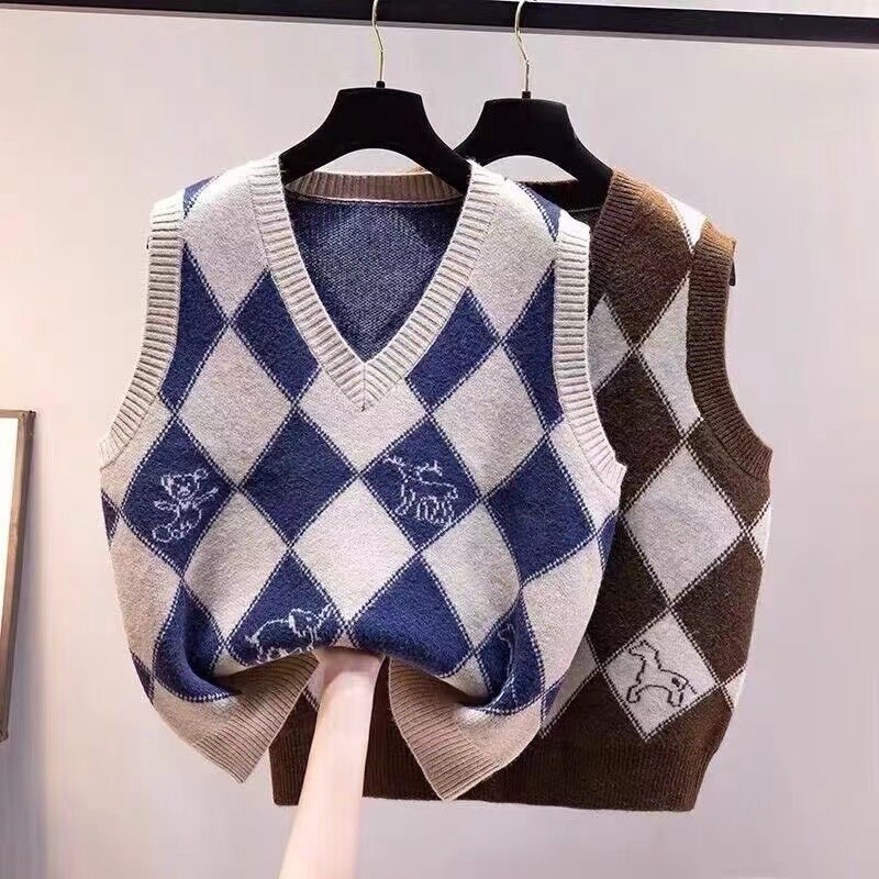 Áo Vest Nữ Dệt Kim Thu Đông, Cổ Chữ V, Phong Cách Preppy và Phương Tây - MD8