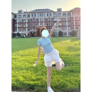 Áo thun nữ ngắn tay màu xanh cho bé 2024 mùa hè mới màu trơn nửa tay ôm vừa vặn nhỏ ngắn hàng đầu