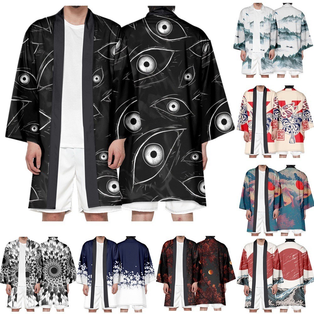 Mùa Hè Họa Tiết Mắt Nhật Bản Kimono Nam Nữ Ukiyoe Cáo In Hình Trang Phục Truyền Thống Châu Á 2024 Áo