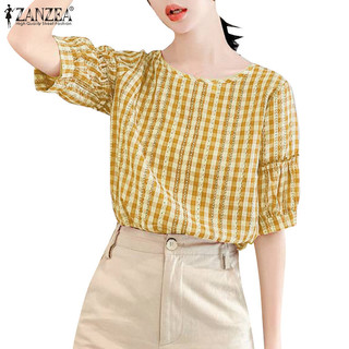 Zanzea Nữ Hàn Quốc Kẻ Sọc Cổ Tròn Tay Đèn Lồng Xù Áo