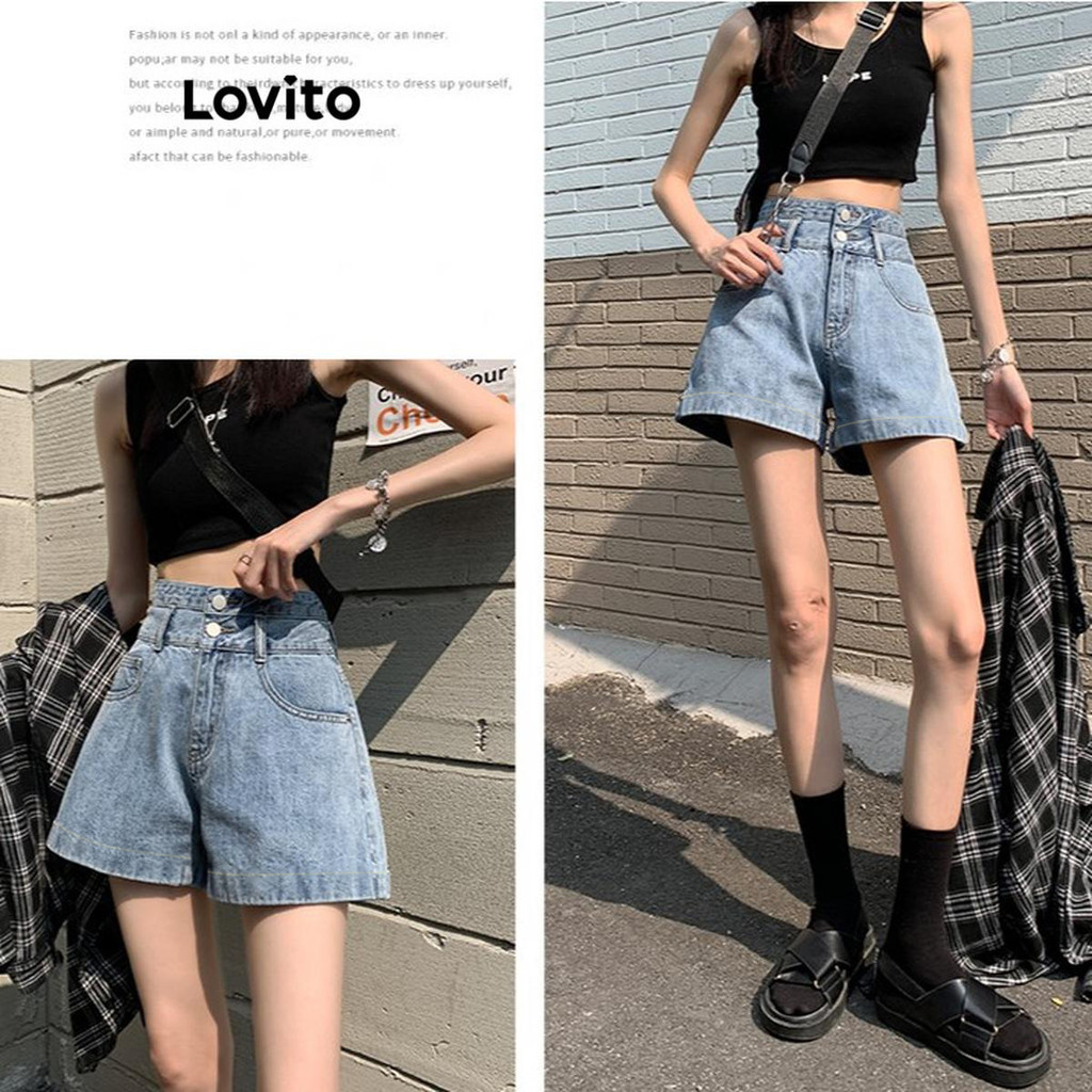 Quần short denim Lovito wash thô phối túi cài nút màu trơn thường ngày cho nữ LNE52422