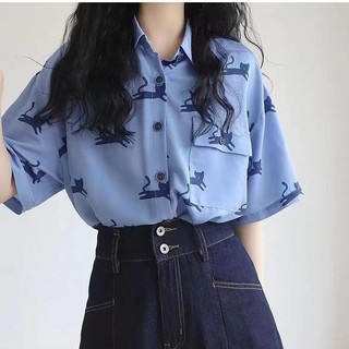 Thiết kế mèo xanh, giản dị và đa năng, dáng rộng và thích hợp áo sơ mi ngắn tay vẽ tranh sơn dầu thời trang Polo mùa hè Boho Shivering