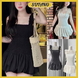 đầm quả bí 2 dây bản to đính nơ nhún thân tiểu thư váy 2 dây dáng bí chất thô hàn kèm quần rời V43 SUTANO