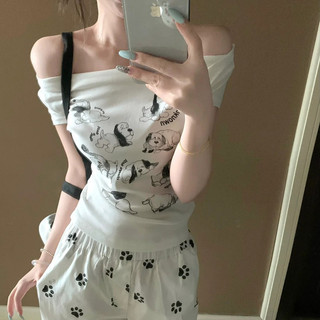 Áo thun in hình chú chó con cổ điển Mỹ dành cho bé gái cay mùa hè, thon gọn và giảm béo, áo crop top một vai dành cho nữ
