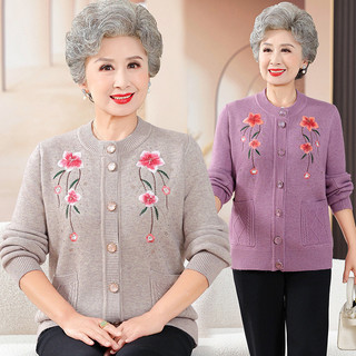 [Hàng có sẵn] Áo len cardigan nhung một mảnh, áo giữ ấm cho mẹ trung niên và cao tuổi thêu hoa phong cách phương Tây, áo len cổ tròn dày dặn lót nhung mùa đông