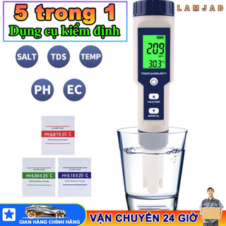 Bút đồng hồ nước 5 trong 1 pH/TDS/EC/độ mặn/nhiệt độ nhiệt độ Đi kèm với 3 gói pH tiêu chuẩn