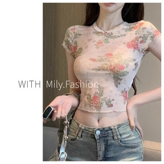 Milyfashion  New Chinese Style Floral Gauzy Short SleeveTT-shirt Women's Summer Pure Sweet Hot Girl ShortjazzSmall Top
