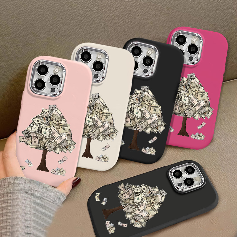 Ốp Điện Thoại Họa Tiết Cây Tiền Giấy Sáng Tạo Tương Thích Cho IPhone 11 12 13 14 15 Pro Max XR X / XS Max 7 8 Plus SE2022 Kim Loại Lỗ Lớn Khung Gương Silicon Vỏ Mềm