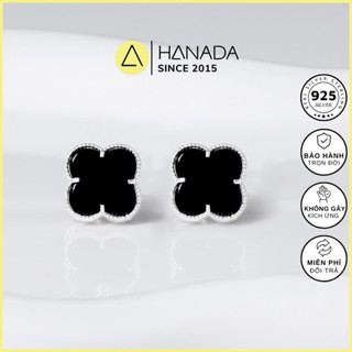   BH TRỌN ĐỜI  Bông Tai BẠC 925 HANADA Cỏ 4 Lá Đá Đen Trơn  Khuyên Tai Trơn Đơn Giản Nữ 1848 B19 