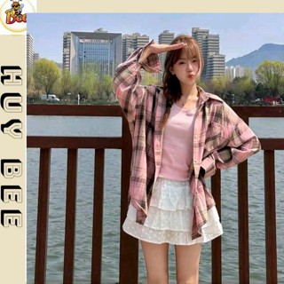  Huy Bee_ Áo sơ mi nữ kẻ ô hồng form rộng 40-65kg phong cách Hàn Quốc dễ thương chống nắng phù hợp đi chơi 