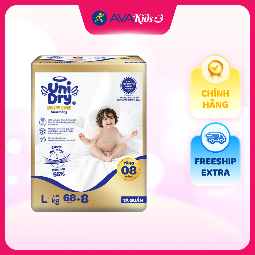 Tã quần Unidry Supreme Thin & Soft size L 68 + 8 miếng (9 - 14 kg)