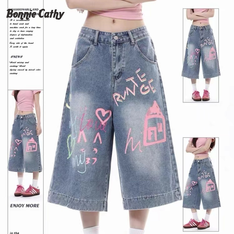 Bonnie Cathy  Quần Jean Nam Dáng Rộng Denim Culottes Có Thêu Thời Trang