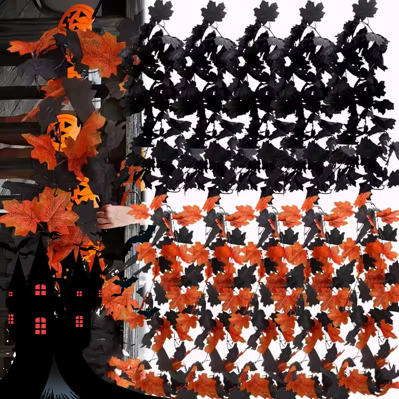 Vòng hoa lá đen Halloween 200cm Cây nho phong nhân tạo với bí ngô, trang trí treo ma quái để trang trí trần / cửa sổ / cửa sổ