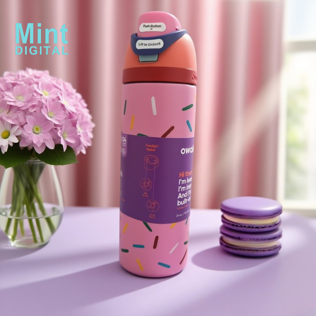 Owala FreeZip 24oz Tumbler 710ml Chai nước sọc hồng bằng thép không gỉ có ống hút đôi tường chân khô