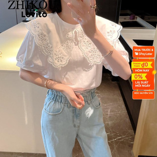 Áo lovito tay ngắn nhún bèo cổ tròn màu trơn cơ bản cho nữ lne02115 gm24632e8