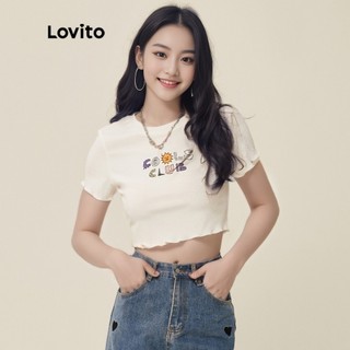 Lovito Áo Thun Croptop Dệt Kim Màu Trắng In Họa Tiết Đồ Giản Dị croptop kiểu áo nữ L20D351