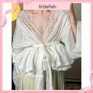 [Littlefish] Áo sơ mi dài tay cổ chữ V thắt dây ren nhẹ nhàng phong cách Pháp khí chất Áo dáng ngắn chít eo mùa hè cho nữ sinh