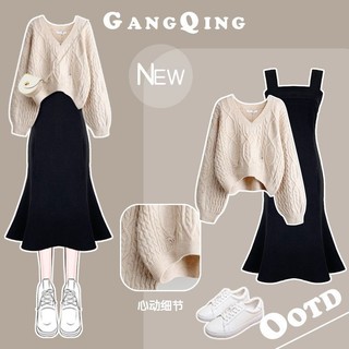Qihao Bộ Đồ Mùa Đông Nữ Phong Cách Mới Plus Size Quần Áo Nữ Phong Cách Hàn Quốc Mỏng Hơn Nhìn Tất Cả Trận Đấu Áo Len Rách Váy Đuôi Cá Bộ Đồ Hai Mảnh Hợp Thời Trang#7.31#