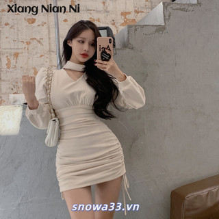 Xiang Nian Ni Phong Cách Hàn Quốc Cổ Chữ V Dây Rút Túi Hông Váy Nữ Eo Giảm Béo Tính Khí Dài Tay Đầm